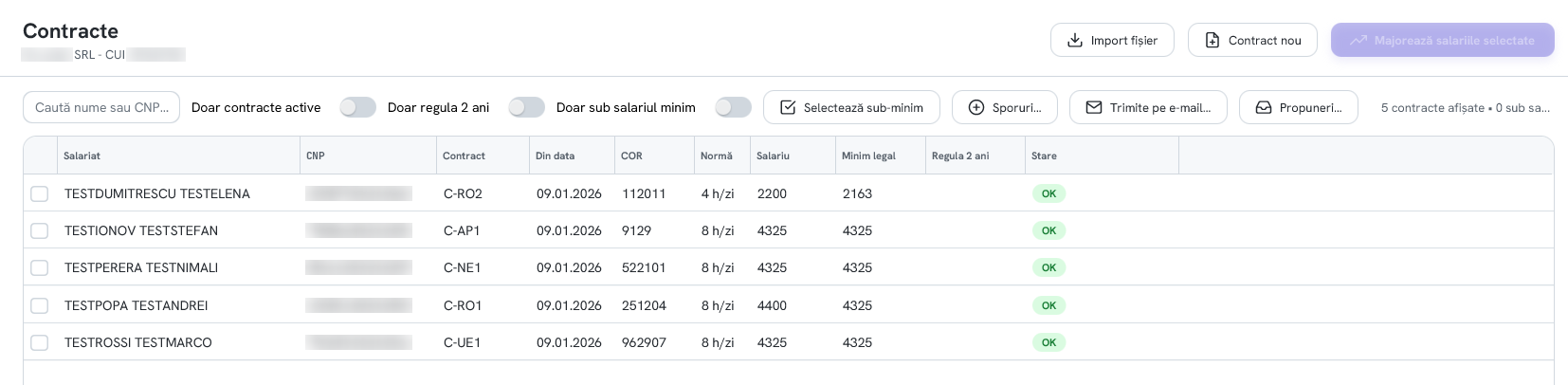 Ecranul Contracte din HR Wizard: lista contractelor, cu salariul, norma, minimul legal și starea fiecăruia