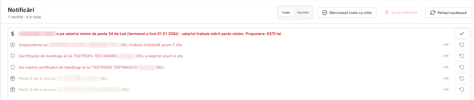 Ecranul de notificări: termene pe salariul minim, suspendări de încheiat, certificate expirate, pe toate firmele